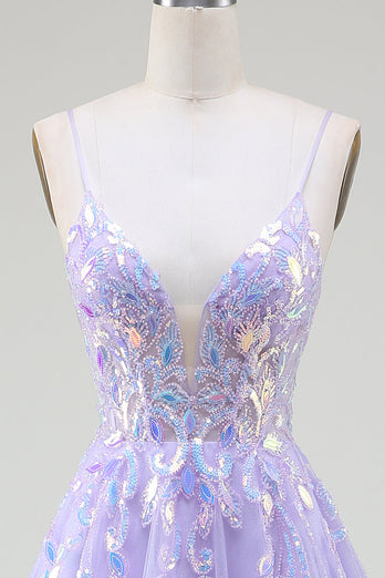 A-Line Purple Prom Dress with Sequins