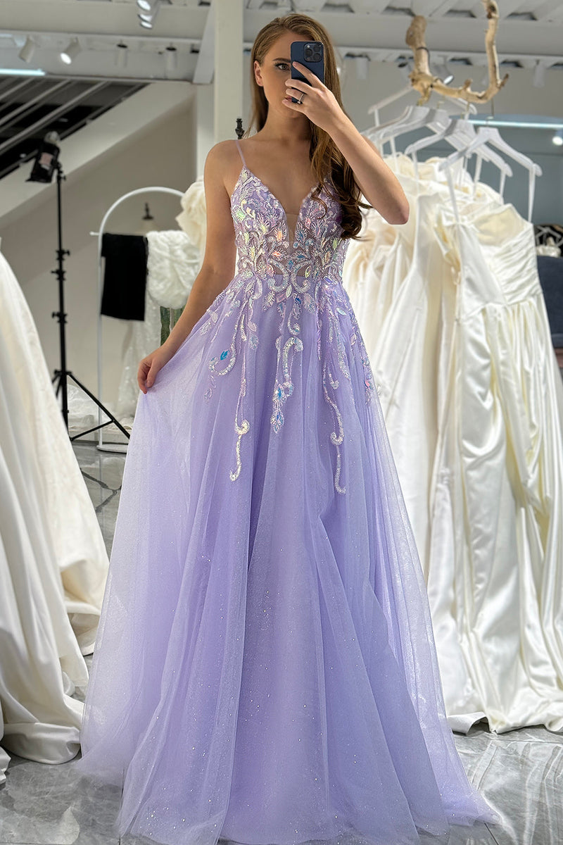 Load image into Gallery viewer, Lilac A Line Tulle Backless Long Prom Dress With Sequined Appliques