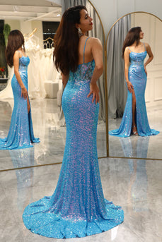 Sparkly Blue Mermaid Long Prom Dress With Slit