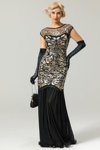 Champagne Sequins Round Neck 1920s Dress