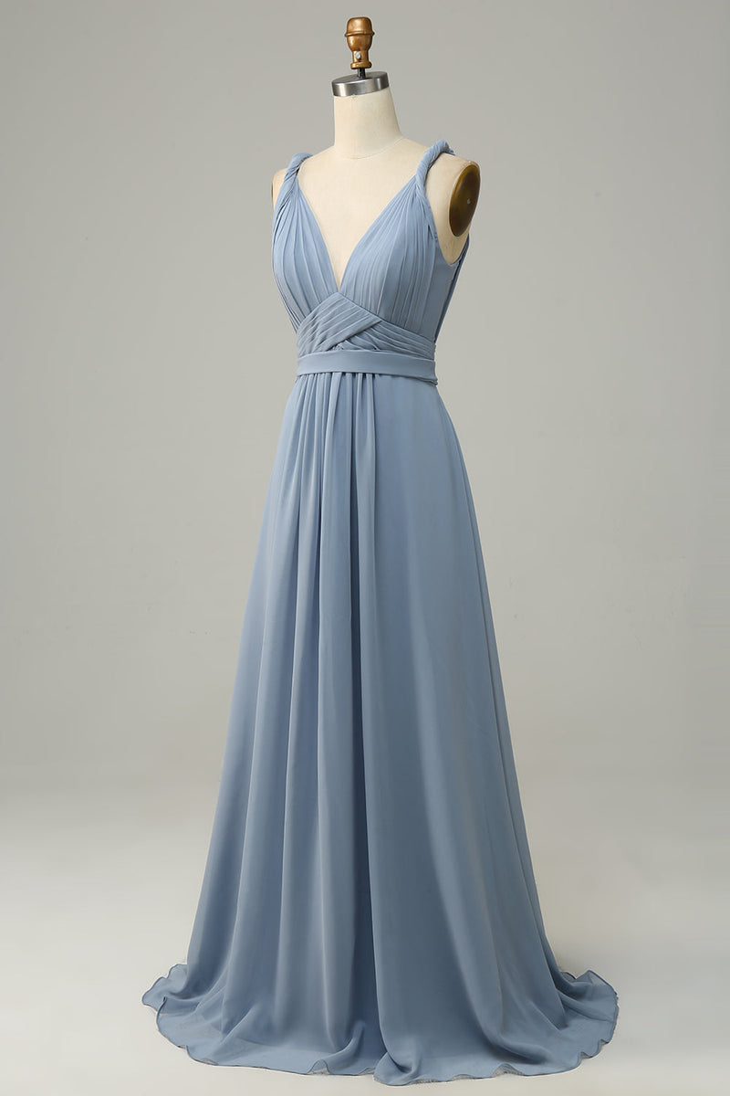 Load image into Gallery viewer, Dusty Blue Deep V Neck A Line Long Bridesmaid Dress