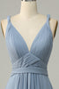 Load image into Gallery viewer, Dusty Blue Deep V Neck A Line Long Bridesmaid Dress