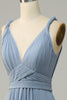 Load image into Gallery viewer, Dusty Blue Deep V Neck A Line Long Bridesmaid Dress