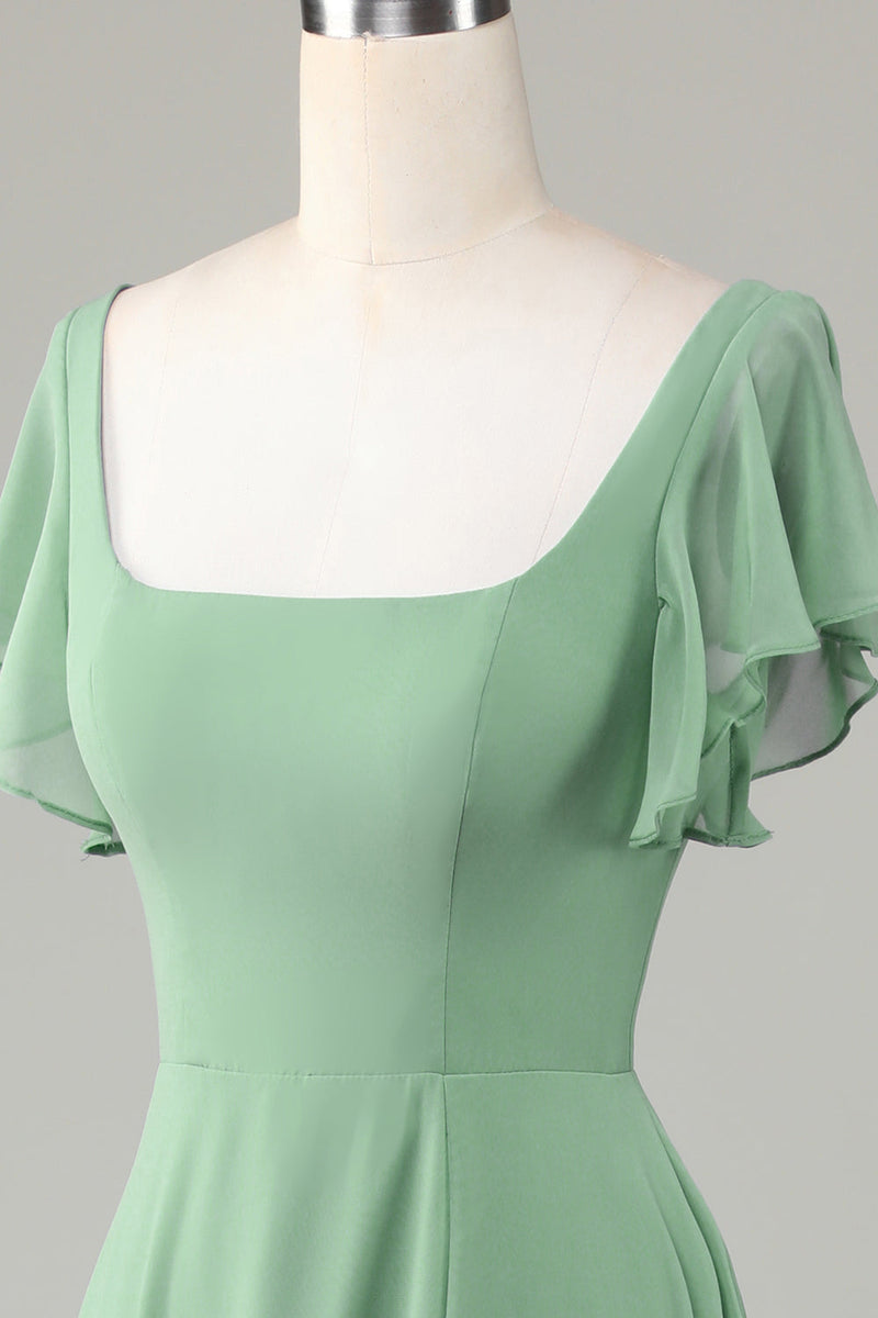 Load image into Gallery viewer, Square Neck Matcha Bridesmaid Dress with Ruffles