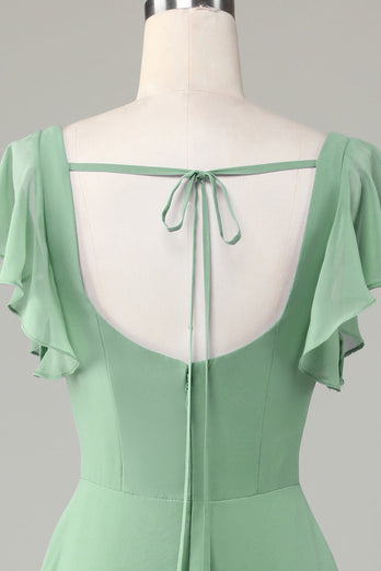 Square Neck Matcha Bridesmaid Dress with Ruffles