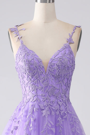 Lilac A-Line Spaghetti Straps Long Prom Dress with Appliques