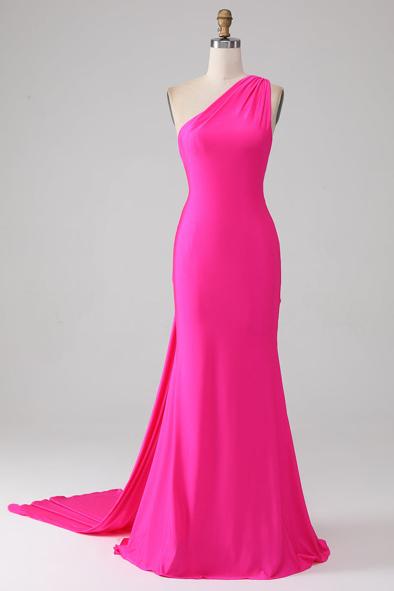 Load image into Gallery viewer, Mermaid Hot Pink One Shoulder Long Prom Dress