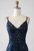 Load image into Gallery viewer, A-Line Dark Navy Spaghetti Straps Long Prom Dress with Slit