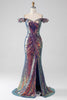 Load image into Gallery viewer, Sparkly Mermaid Off The Shoulder Purple Prom Dress with Slit