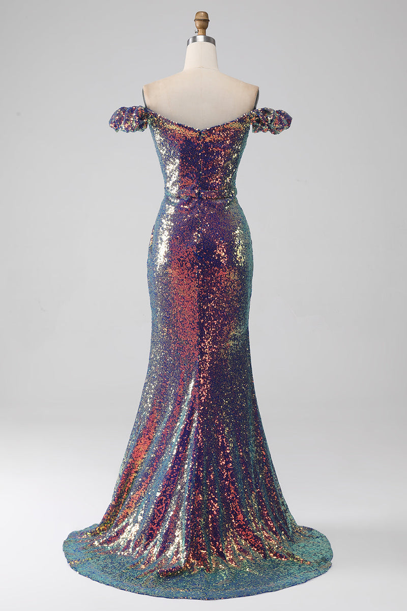 Load image into Gallery viewer, Sparkly Mermaid Off The Shoulder Purple Prom Dress with Slit