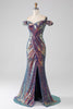 Load image into Gallery viewer, Sparkly Mermaid Off The Shoulder Purple Prom Dress with Slit