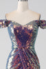 Load image into Gallery viewer, Sparkly Mermaid Off The Shoulder Purple Prom Dress with Slit