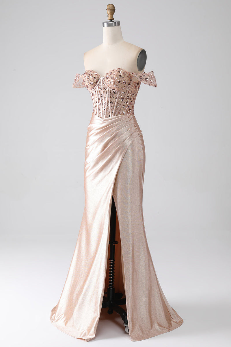 Load image into Gallery viewer, Mermaid Champagne Corset Prom Dress