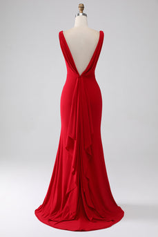 Mermaid V-Neck Red Prom Dress with Slit