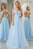 Load image into Gallery viewer, Light Blue A Line Tulle Long Prom Dress With Appliques