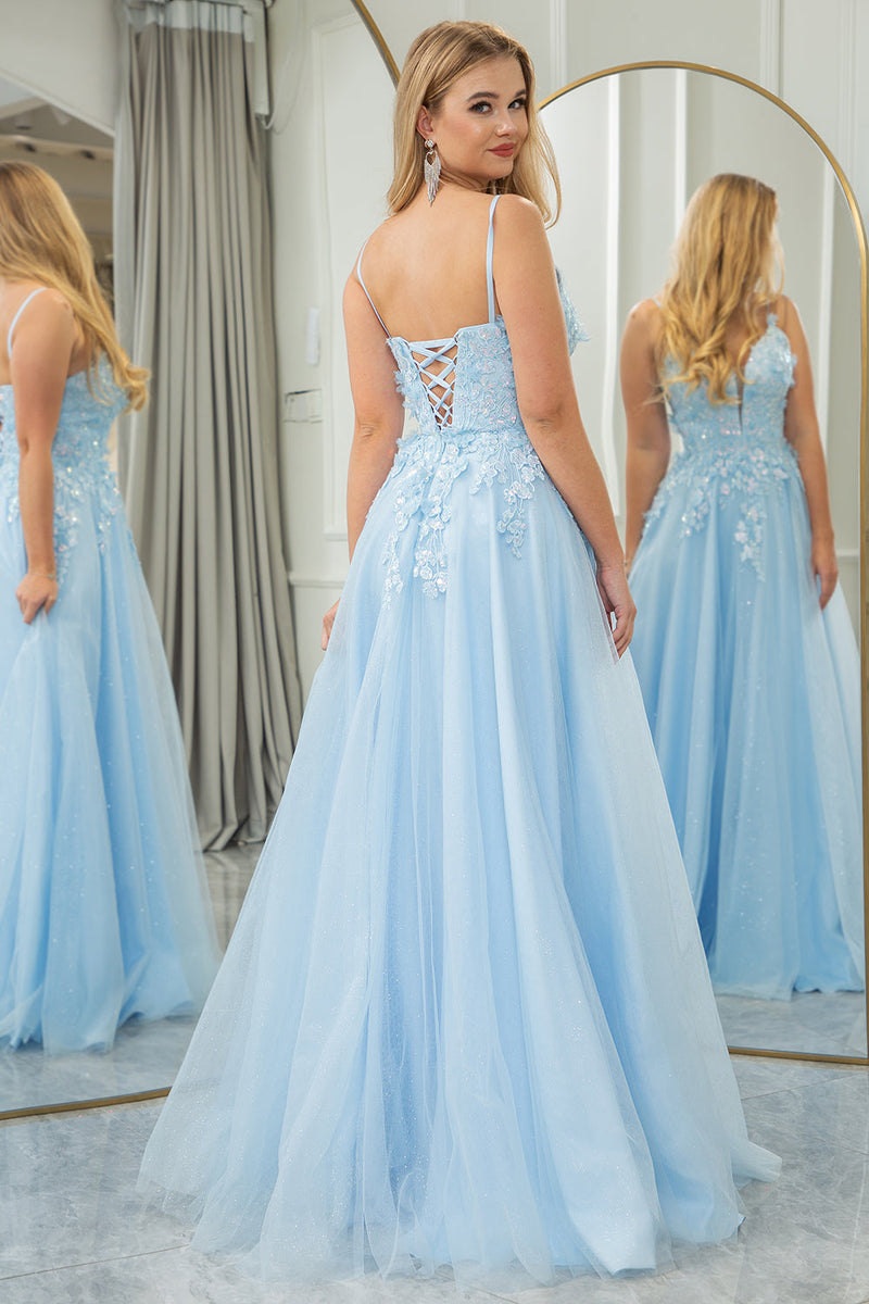 Load image into Gallery viewer, Light Blue A Line Tulle Long Prom Dress With Appliques