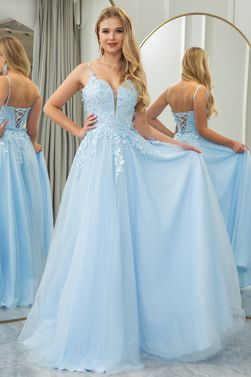 Load image into Gallery viewer, Light Blue A Line Tulle Long Prom Dress With Appliques