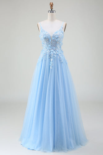 A-Line Light Blue Prom Dress with Appliques