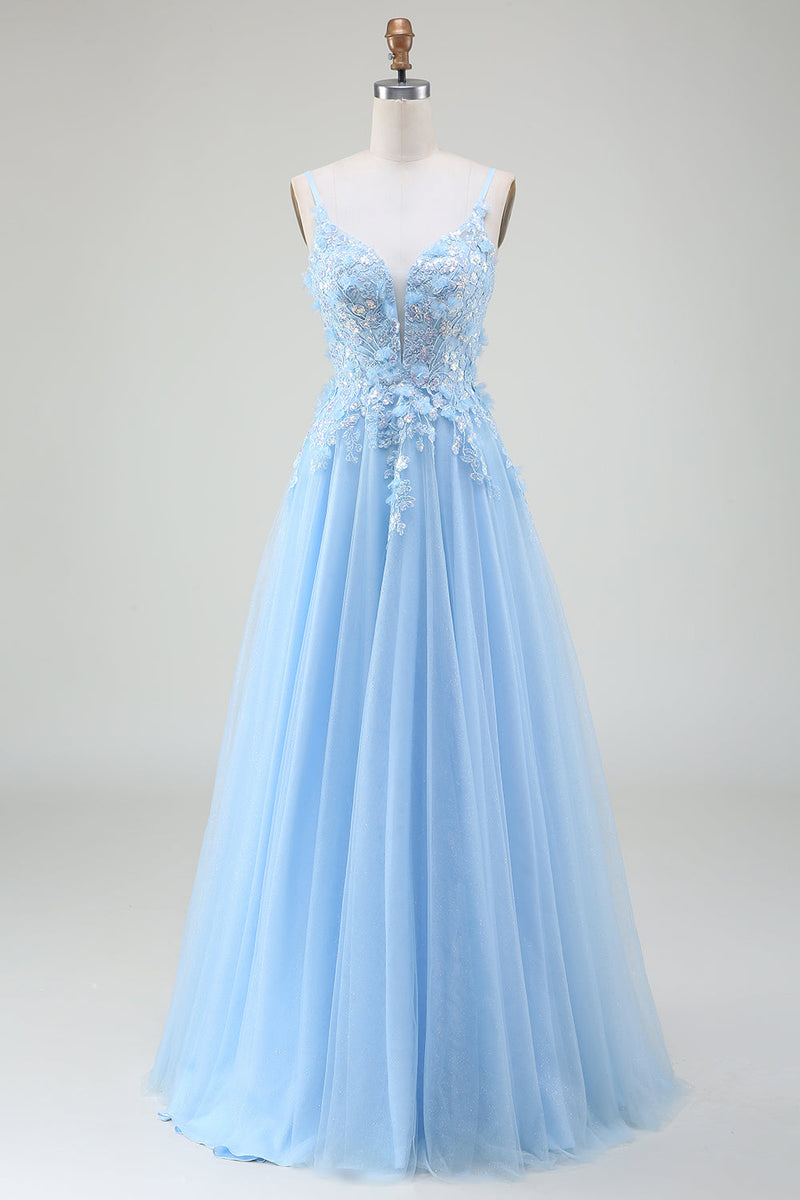 Load image into Gallery viewer, A-Line Light Blue Prom Dress with Appliques