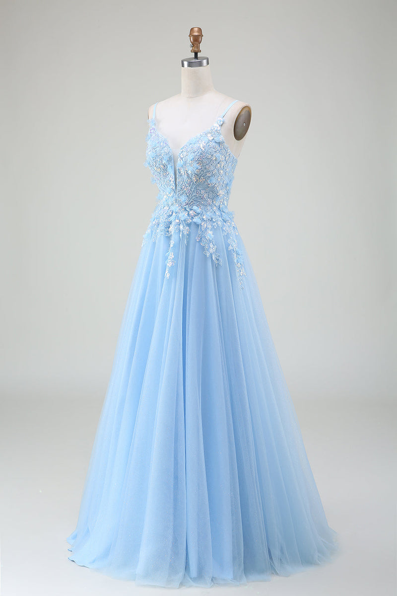 Load image into Gallery viewer, A-Line Light Blue Prom Dress with Appliques