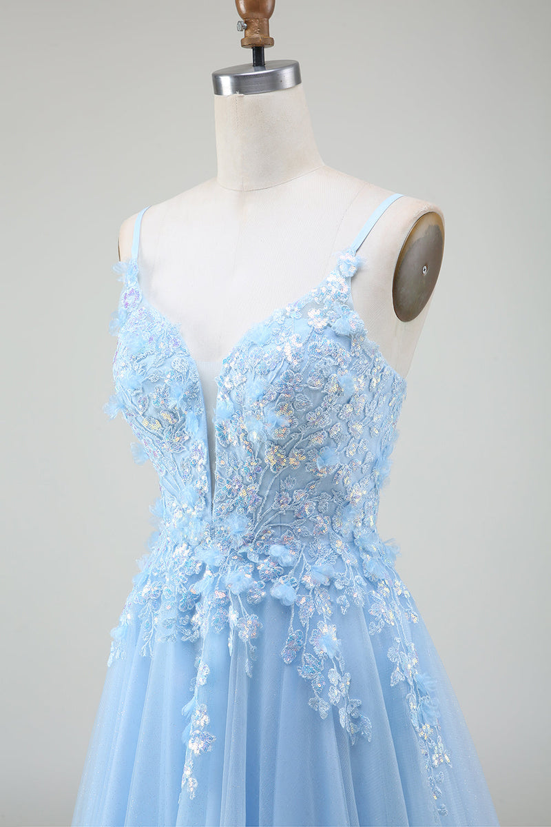 Load image into Gallery viewer, A-Line Light Blue Prom Dress with Appliques