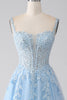 Load image into Gallery viewer, A-Line Light Blue Corset Prom Dress with Appliques