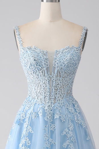 A-Line Light Blue Corset Prom Dress with Appliques