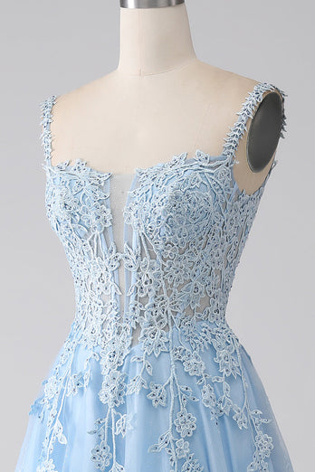 A-Line Light Blue Corset Prom Dress with Appliques