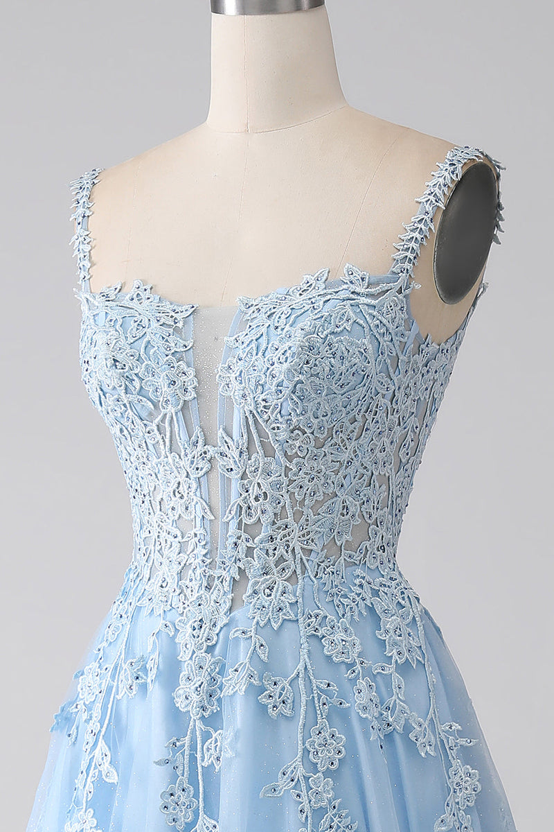 Load image into Gallery viewer, A-Line Light Blue Corset Prom Dress with Appliques