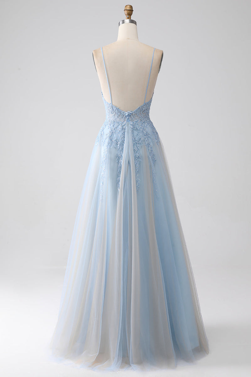 Load image into Gallery viewer, A-Line Spaghetti Straps Grey Blue Prom Dress with Beading