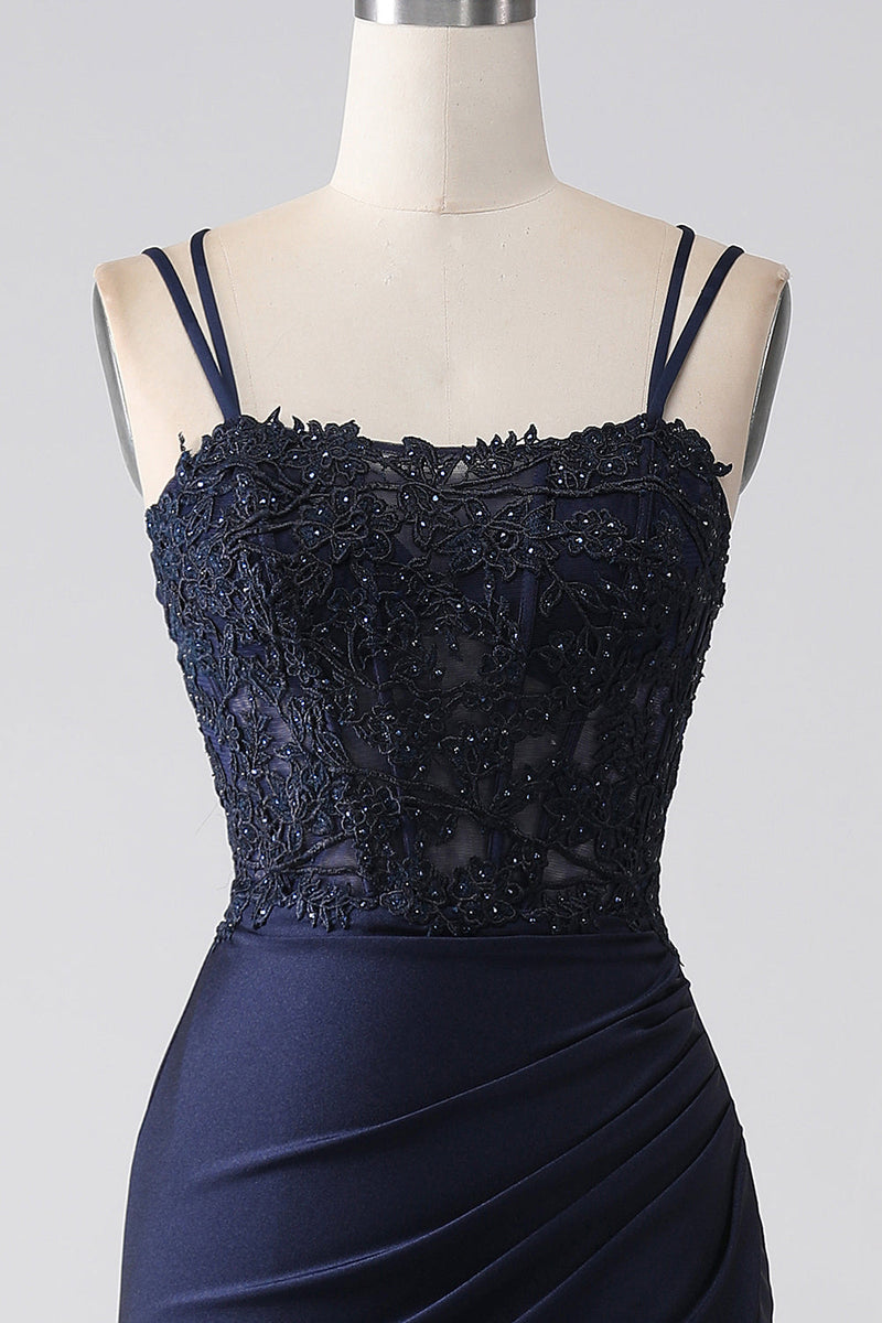 Load image into Gallery viewer, Mermaid Beaded Navy Prom Dress with Ruffles