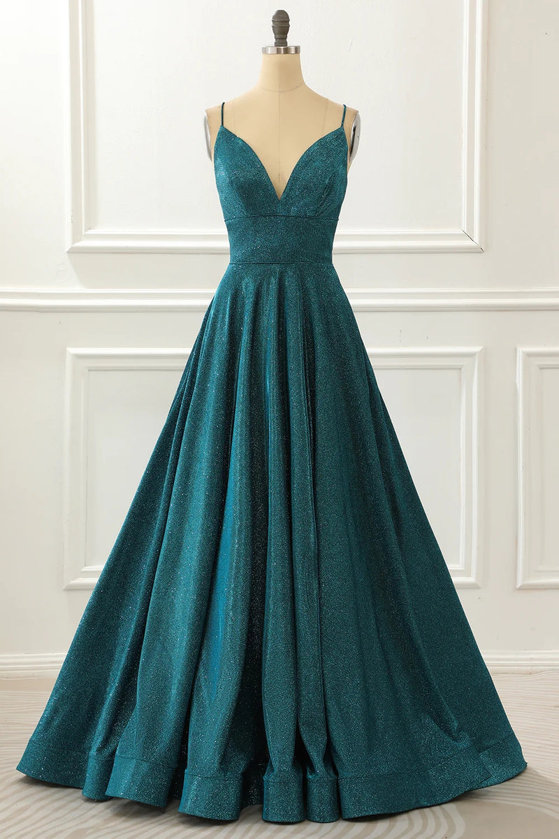 Load image into Gallery viewer, A-Line Glitter Turquoise Spaghetti Straps Long Prom Dress