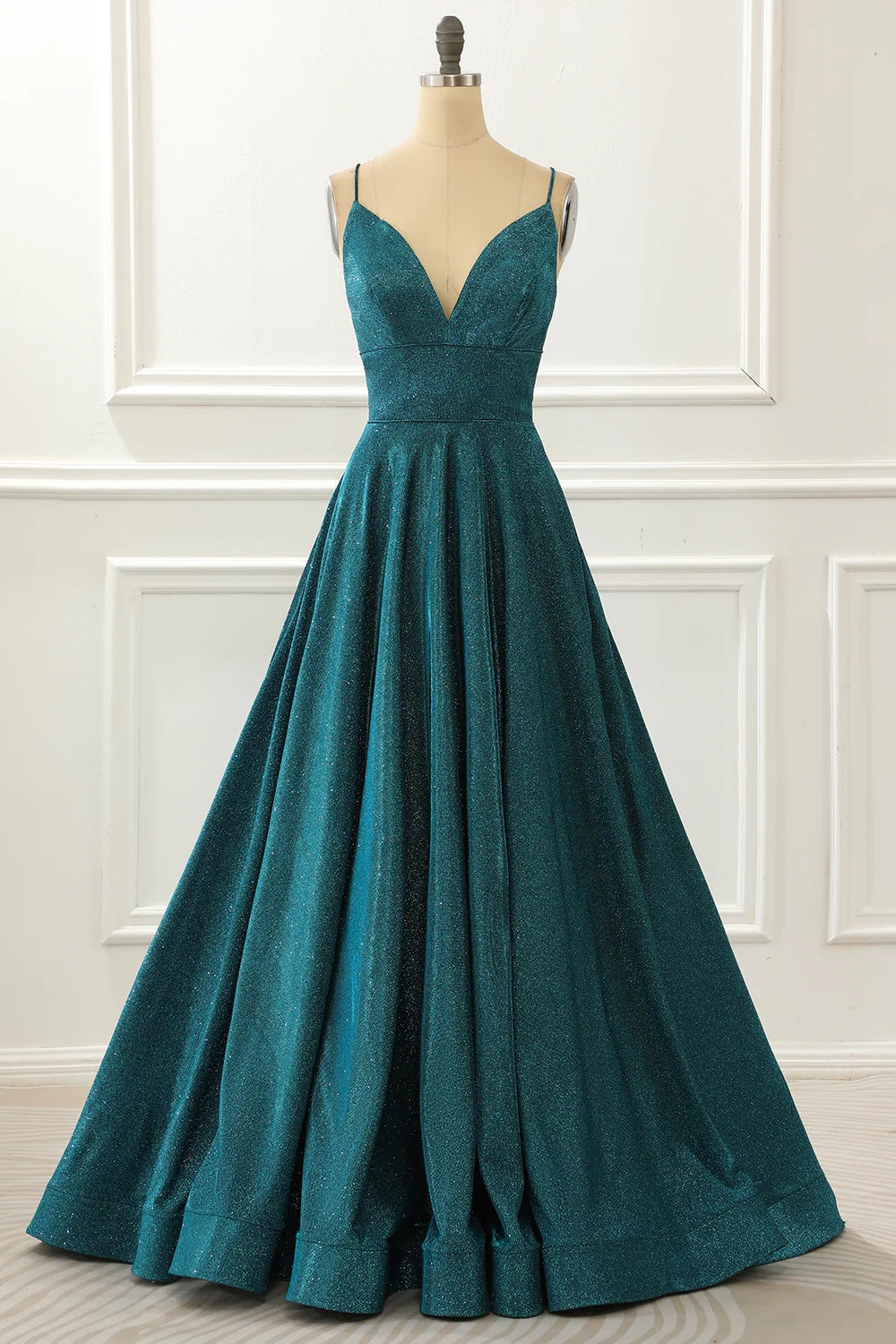 A-Line Glitter Turquoise Spaghetti Straps Long Prom Dress