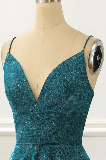 A-Line Glitter Turquoise Spaghetti Straps Long Prom Dress