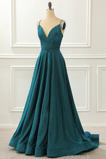 A-Line Glitter Turquoise Spaghetti Straps Long Prom Dress