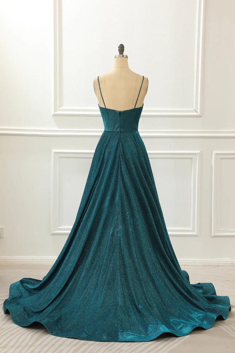 Load image into Gallery viewer, A-Line Glitter Turquoise Spaghetti Straps Long Prom Dress