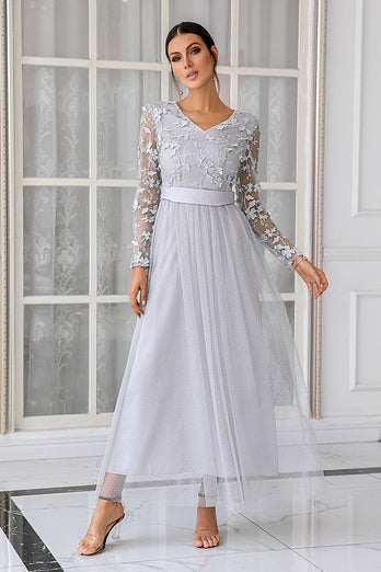 Grey Tulle V-neck Mother Dress