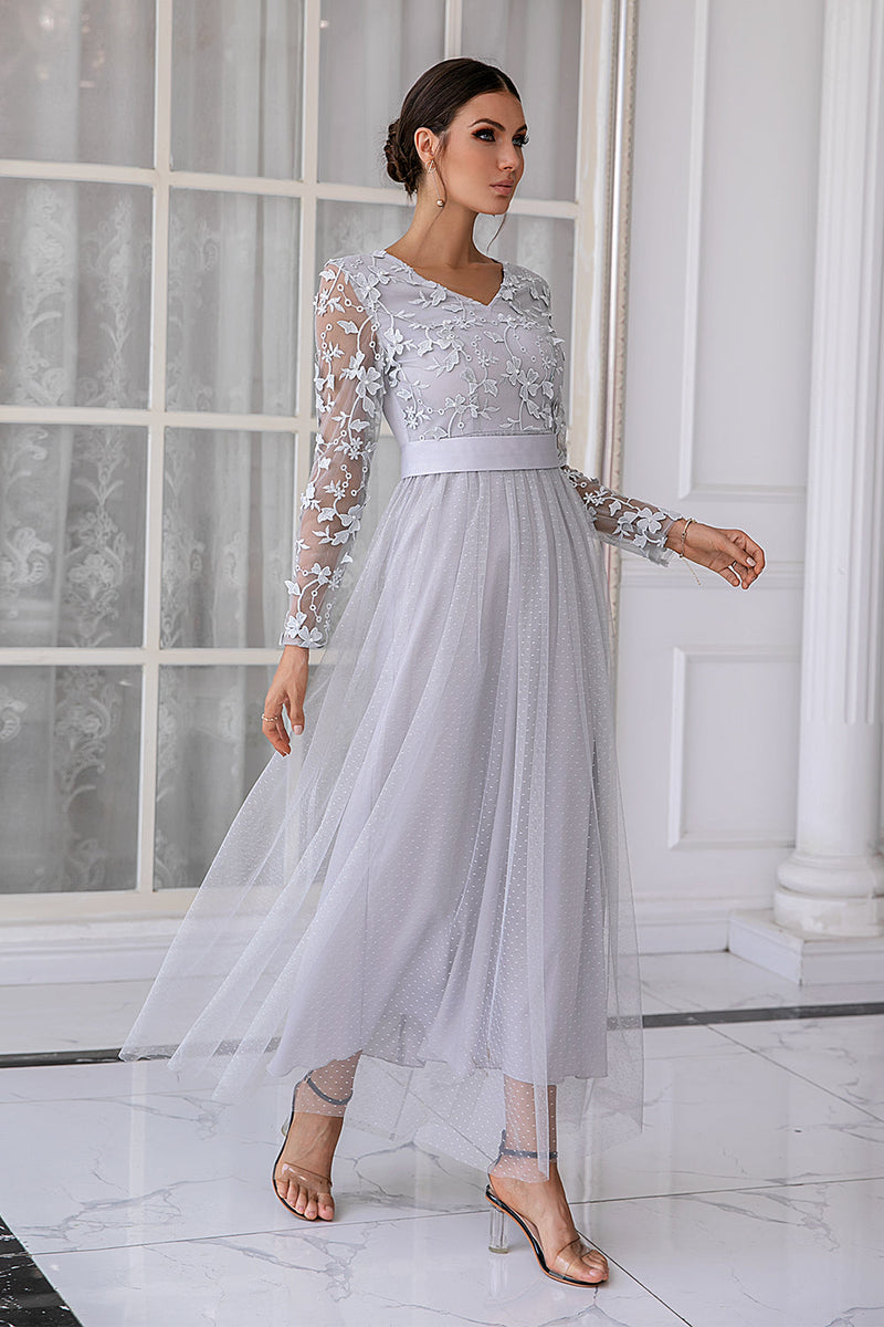 Women's Lace Applique V-Neck Mother of Bride Dresses with Sleeve