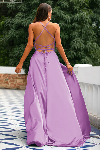 Royal Blue A-Line Spaghetti Straps Backless Long Satin Prom Dress with Slit