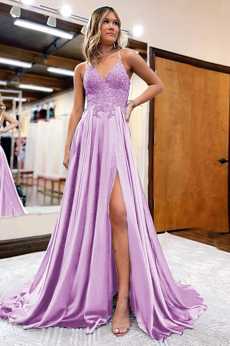 Load image into Gallery viewer, Royal Blue Satin A-Line Appliques Prom Dress with Slit