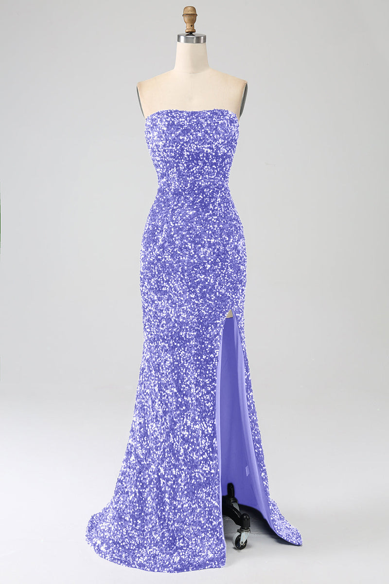 Load image into Gallery viewer, Royal Blue Mermaid Strapless Sequins Long Prom Dress With Slit