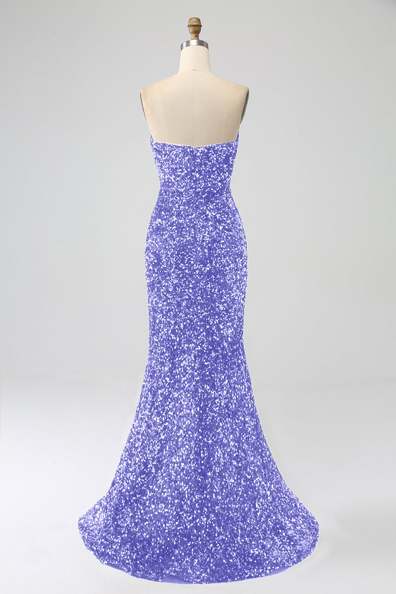 Load image into Gallery viewer, Royal Blue Mermaid Strapless Sequins Long Prom Dress With Slit