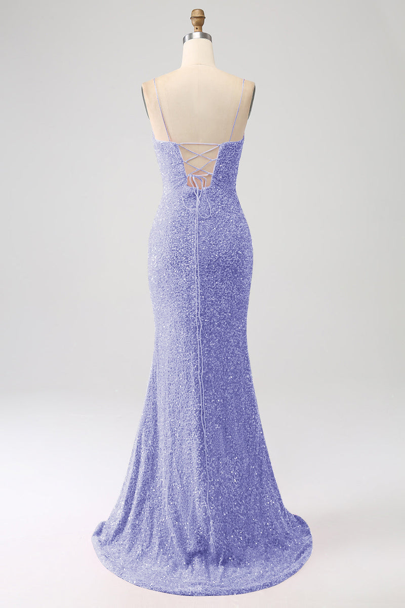 Load image into Gallery viewer, Sparkly Royal Blue Mermaid Spaghetti Straps Sequin Long Prom Dress With Split