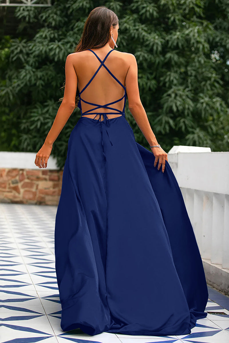 Load image into Gallery viewer, Royal Blue A-Line Spaghetti Straps Backless Long Satin Prom Dress with Slit