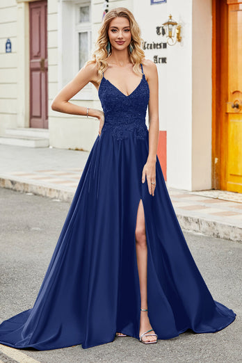 Royal Blue A Line Spaghetti Straps Long Backless Prom Dress with Appliques