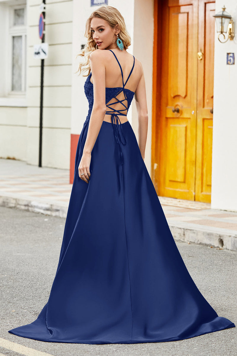 Load image into Gallery viewer, Royal Blue A Line Spaghetti Straps Long Backless Prom Dress with Appliques