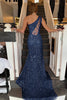 Load image into Gallery viewer, Sheath One Shoulder Navy Sequins Long Prom Dress with Split Front