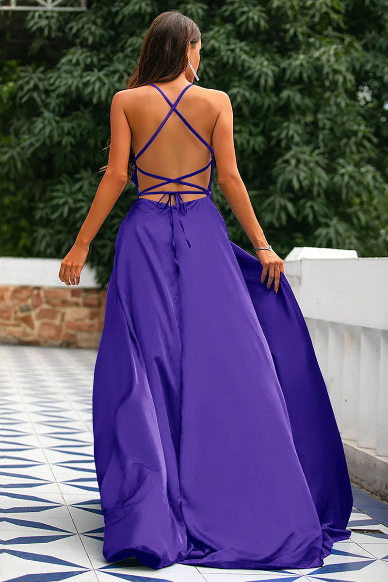 Load image into Gallery viewer, Royal Blue A-Line Spaghetti Straps Backless Long Satin Prom Dress with Slit