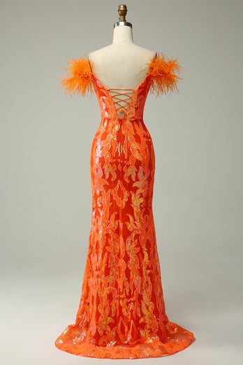 Sparkly Mermaid Orange Long Prom Dress with Feathers