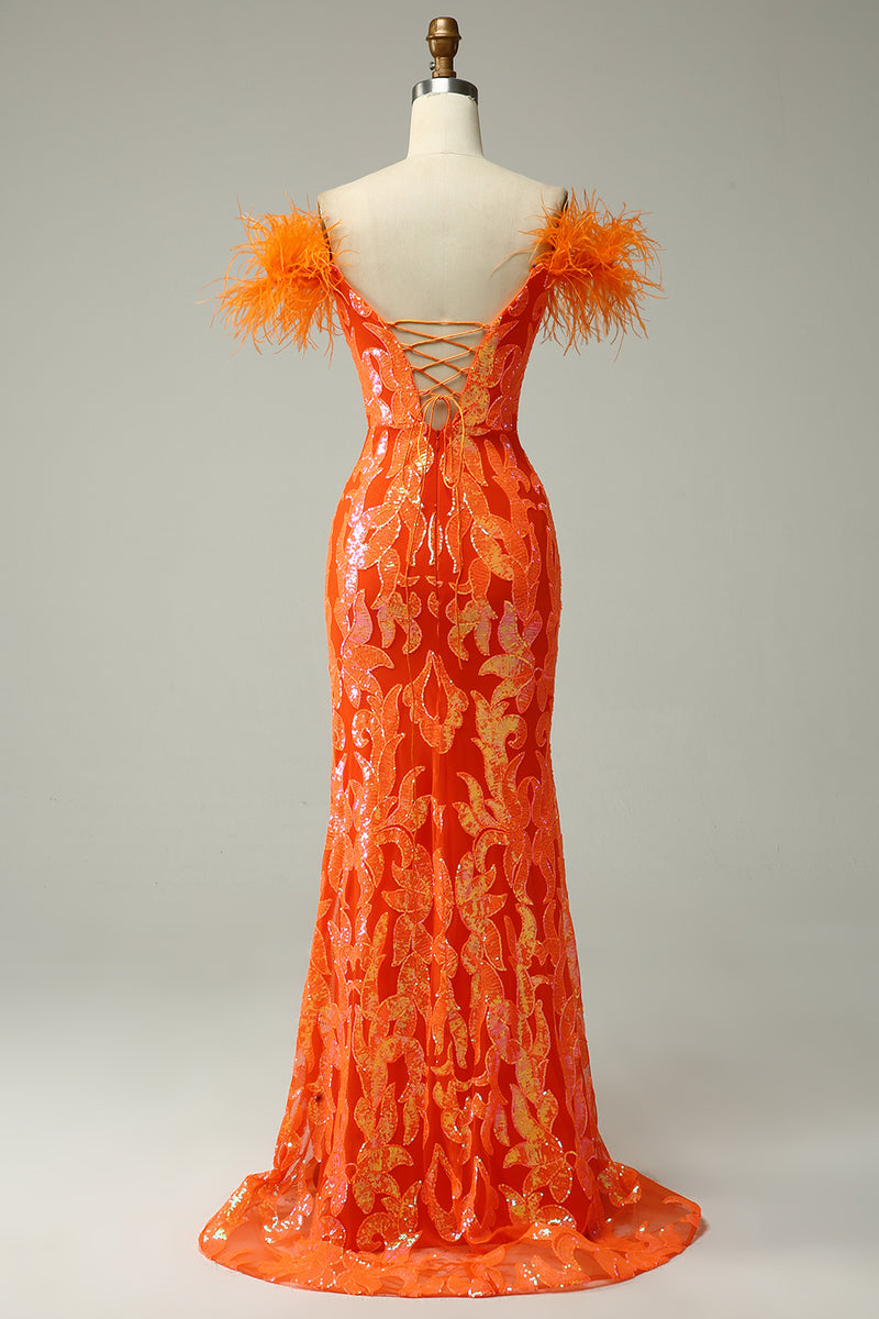 Load image into Gallery viewer, Sparkly Mermaid Orange Long Prom Dress with Feathers